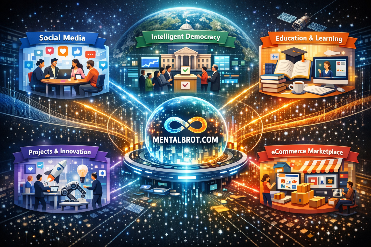 Diagram showing Mentalbrot at the center of a digital ecosystem connecting social media, intelligent democracy, education, project development, and eCommerce.